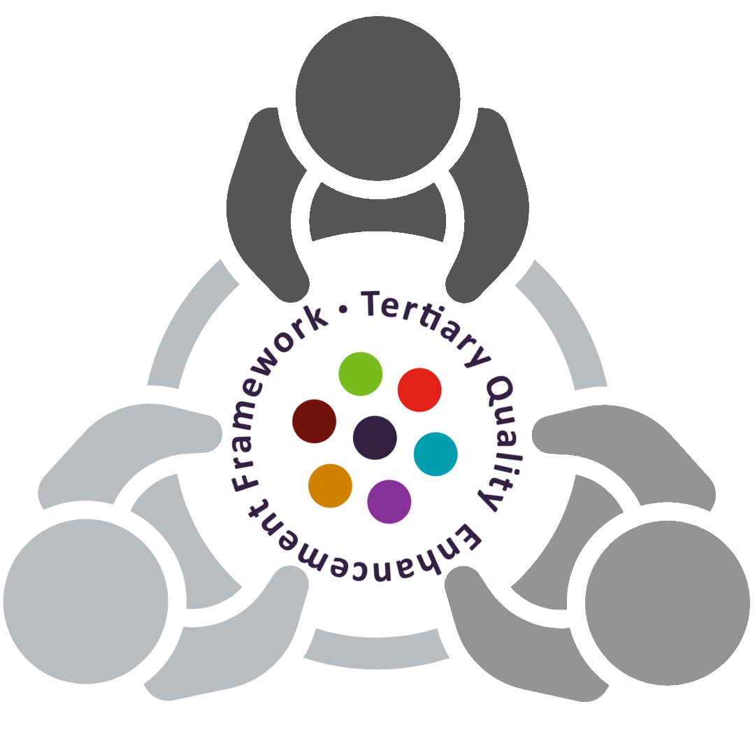 3 figures sitting around the Tertiary Quality Enhancement Framework logo