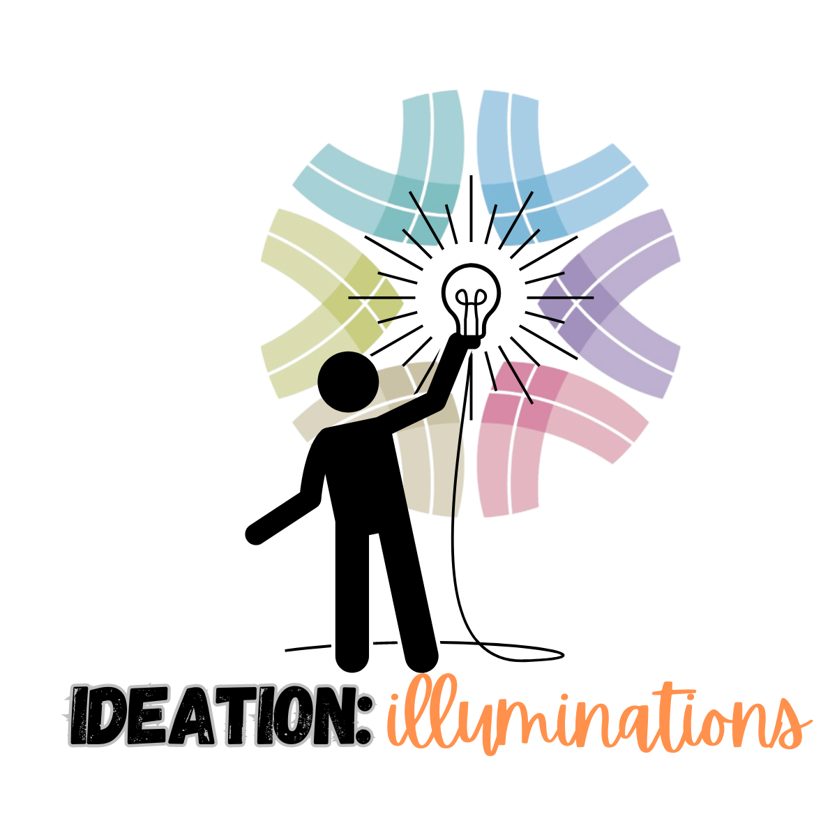 Logo for Ideation: Illuminations. A person stands switching on the lightbulb of ideas infront of the CDN logo